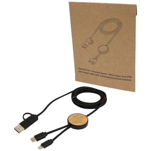 Chechia 5-in-1 Recycled Plastic 150 cm Data Sync and 27W Fast Charge Cable with Bamboo Details