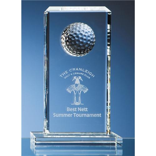 15cm Optical Crystal Golf Ball Rectangle Award