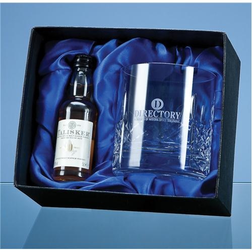 Mayfair Lead Crystal Panel Whisky Tumbler With A 5cl Miniature Bottle Of Malt Whisky In A Satin Lined Presentation Box