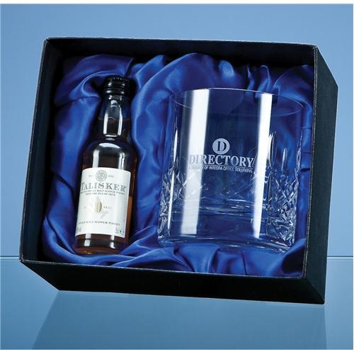 Mayfair Lead Crystal Panel Whisky Tumbler With A 5cl Miniature Bottle Of Malt Whisky In A Satin Lined Presentation Box