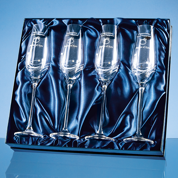 4 Diamante Crystal Champagne Flutes Featuring 3 Swarovski Crystals Bonded To The Side Of The Flute And Packed In A Gloss Presentation Box