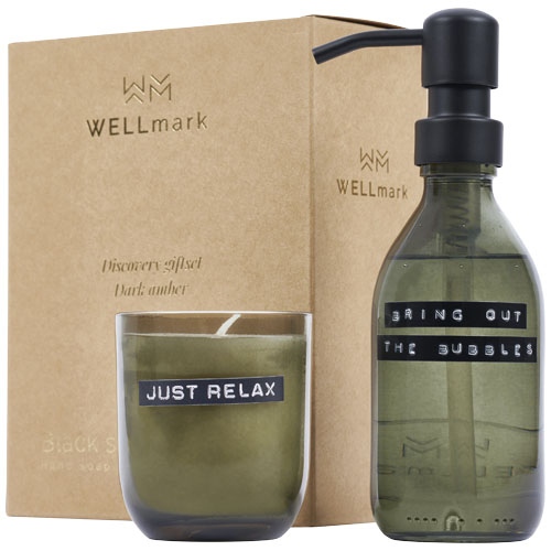 Wellmark Discovery 200 ml Hand Soap Dispenser and 150 G Scented Candle Set - Dark Amber Fragrance